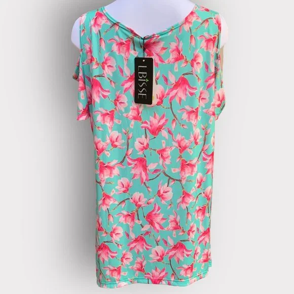 LBISSE Women's Cold Shoulder Floral Blouse Aqua Pink XL NEW - Picture 3 of 6
